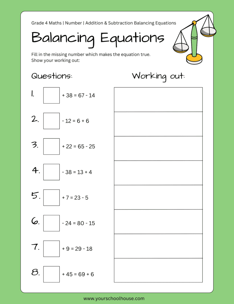 image of Free Printable PDF Green Worksheet Balancing Equations