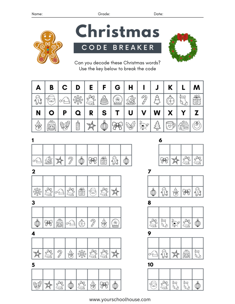 Image of Free Printable PDF Worksheet Christmas Themed Code Breaker