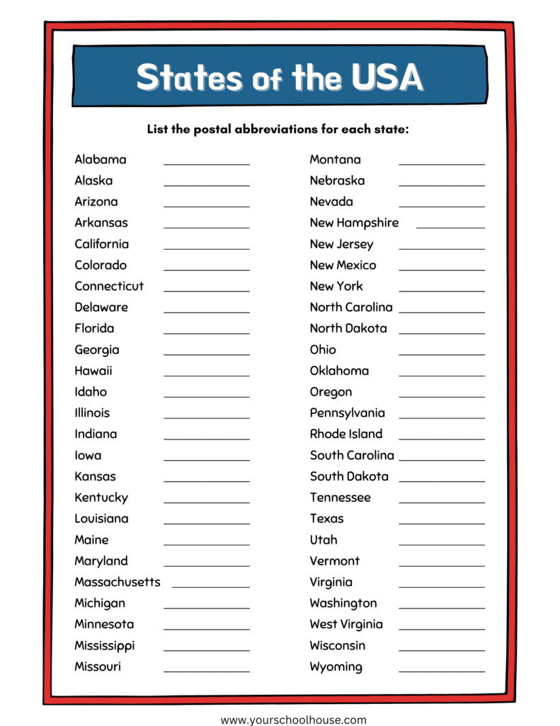 image of Free Printable PDF Worksheet Fill in Abbreviations of States