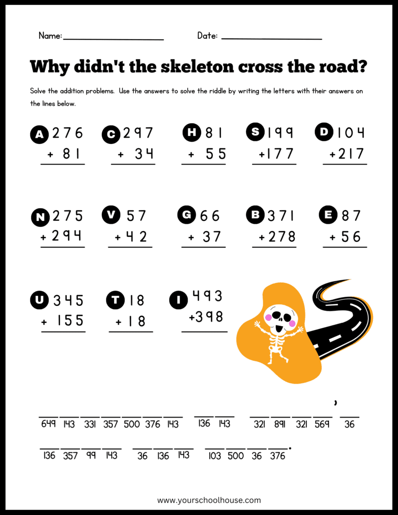 image of Free Printable PDF of Halloween Themed Multiple Digit Additional Worksheet