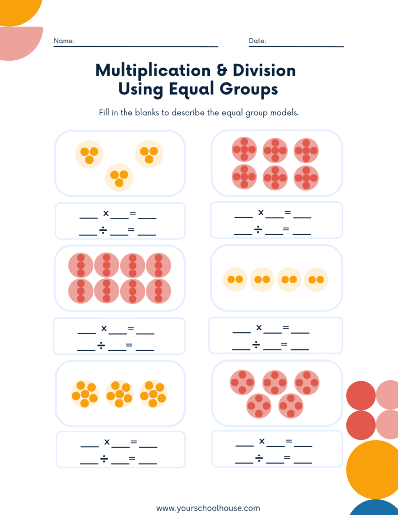 image of Free Printable PDF Worksheet Multiplication and Division Using Equal Groups