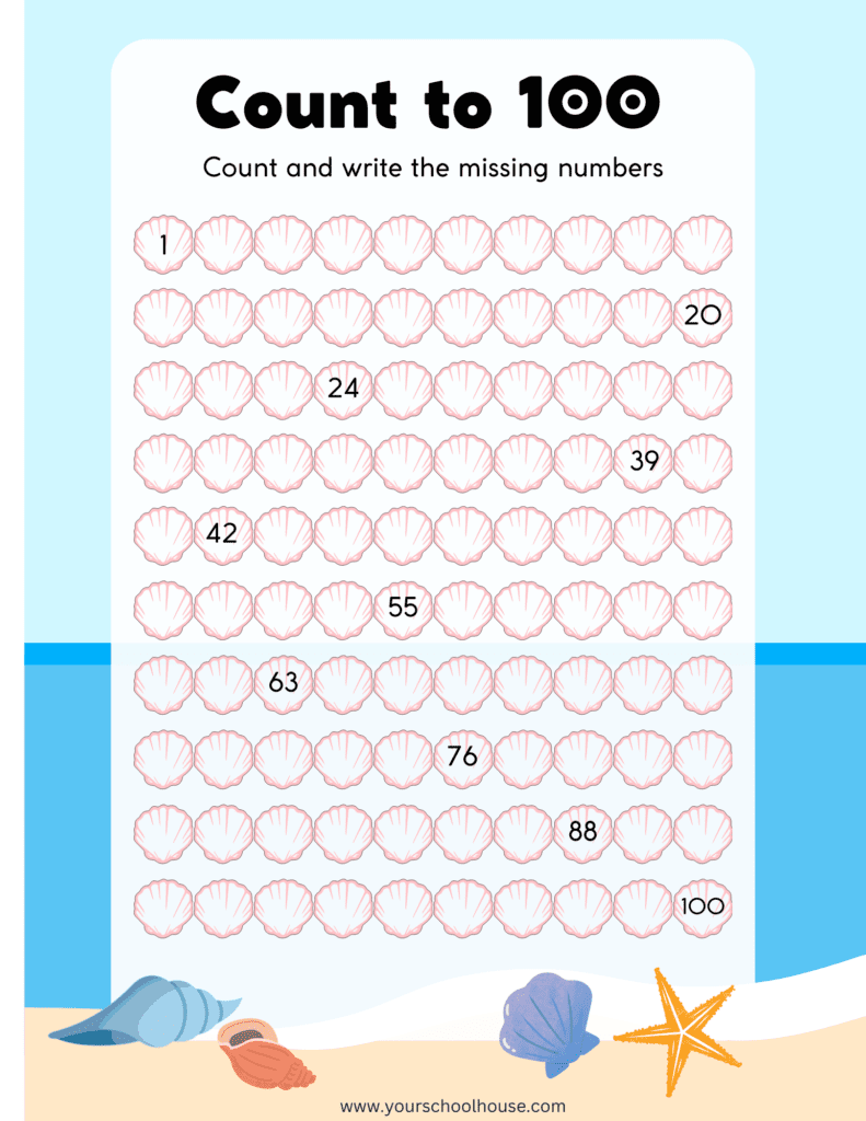 image of Free Printable PDF Blue Cute Count to 100 Math Worksheet