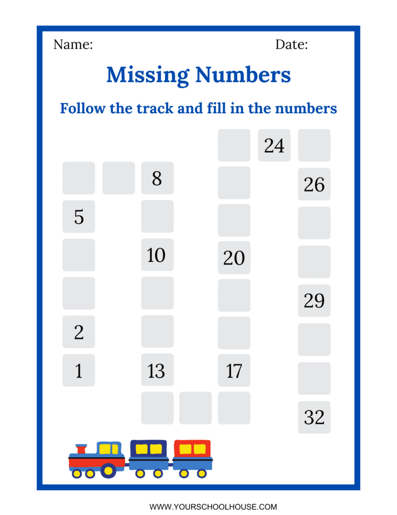 image of a free printable worksheet for counting and filling in missing numbers for children ages 4-7