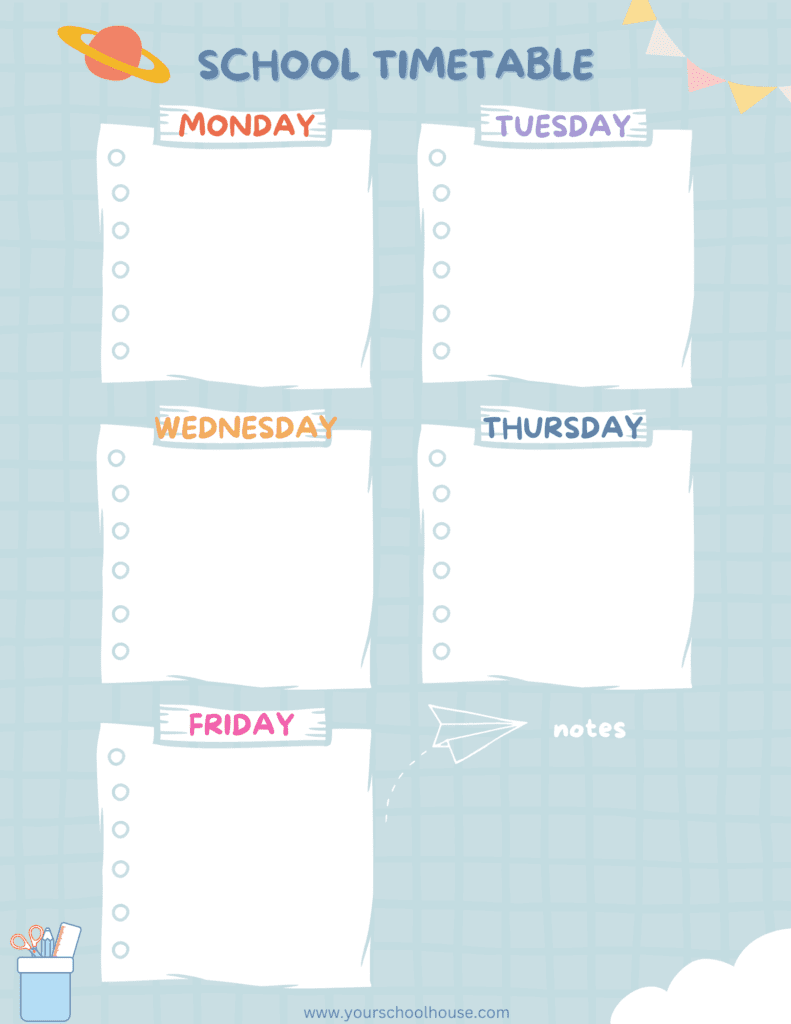 image of Free Printable PDF Blue School Timetable - Planner