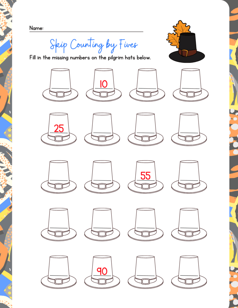 Image of Free Printable Skip Counting by 5's Worksheet Thanksgiving Themed