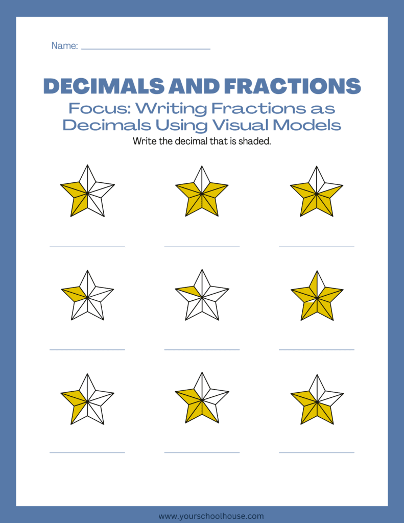 image of Free Printable PDF Blue and Yellow Minimalist Writing Fractions as Decimals Math Worksheet