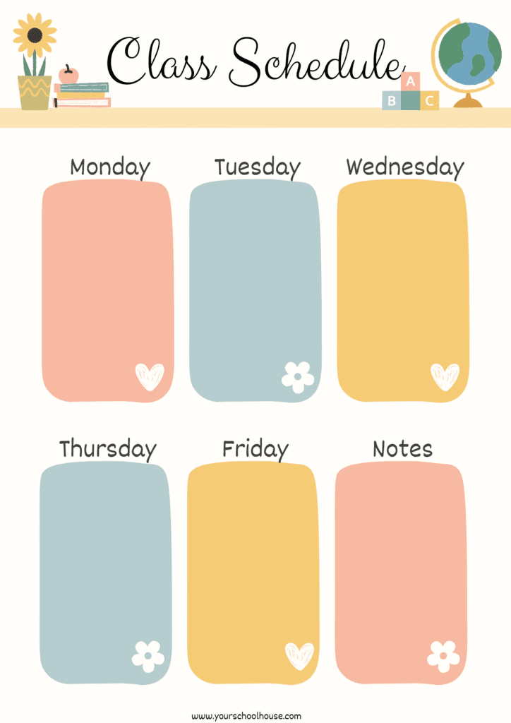 image of free printable Class Schedule in Blue Pink and Yellow Cute Style