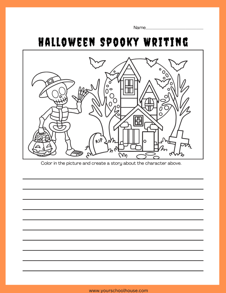 image of Free Printable Halloween Spooky Writing and Coloring Template Black and White