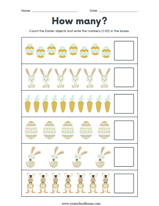 image of Free Printable PDF Cute Easter How Many Math Worksheets for Kids