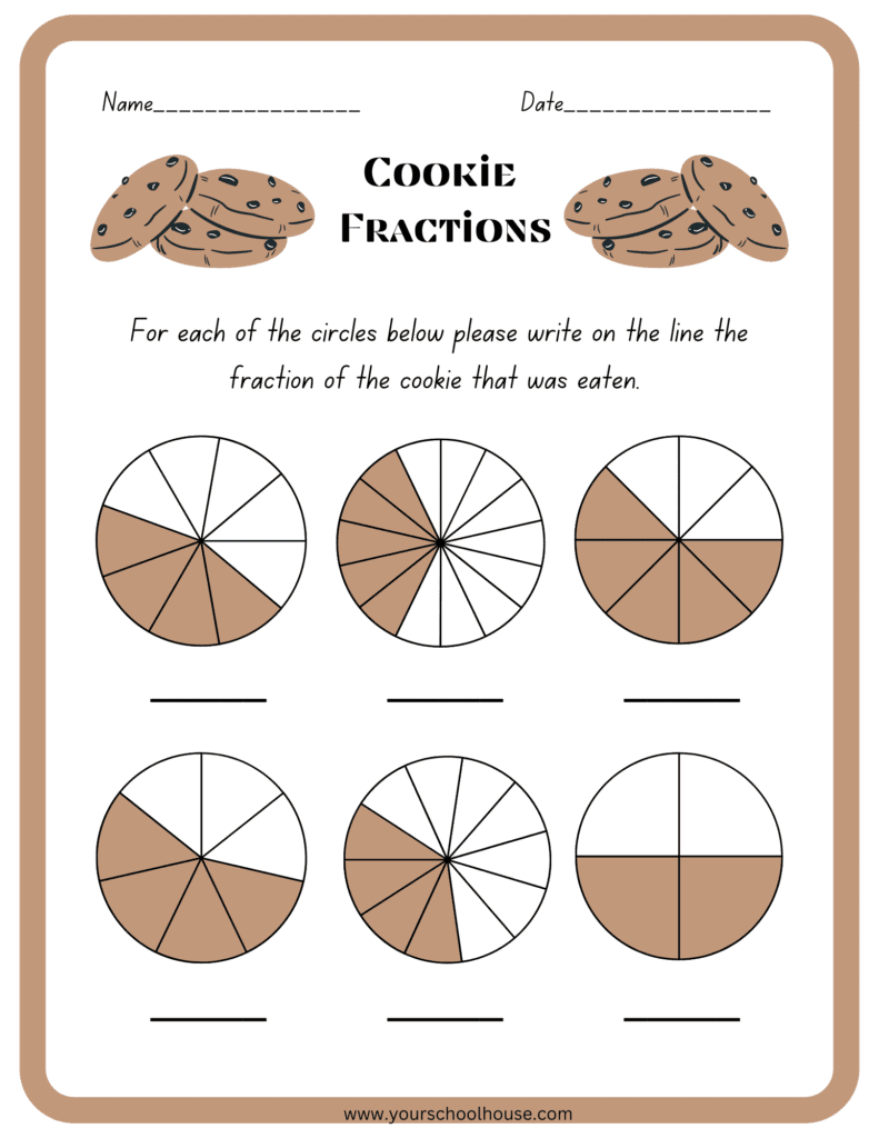 image of Free Printable PDF Cookie Fractions Math Worksheet for Elementary students