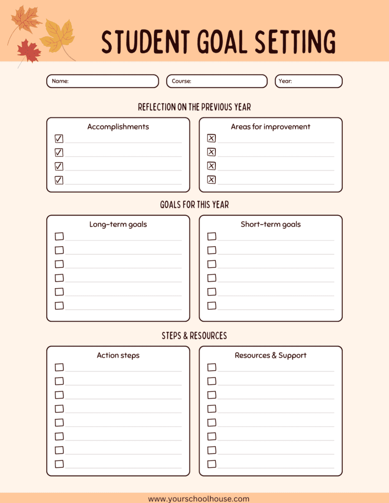 image of Free Printable Cream & White Fall Themed Worksheet Student Goal Setting Planner