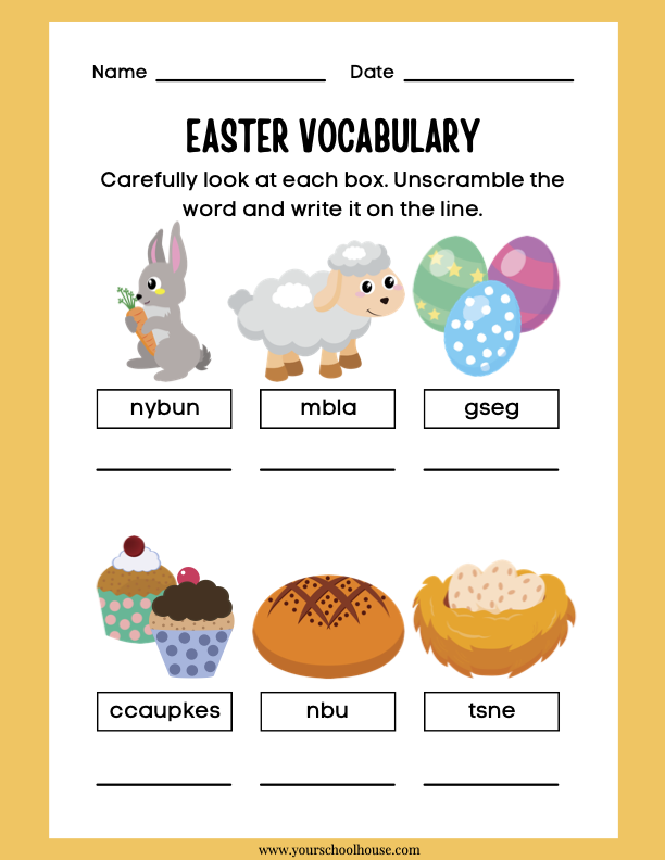 image of Free Printable PDF Cute Easter Vocabulary Worksheets for Kids