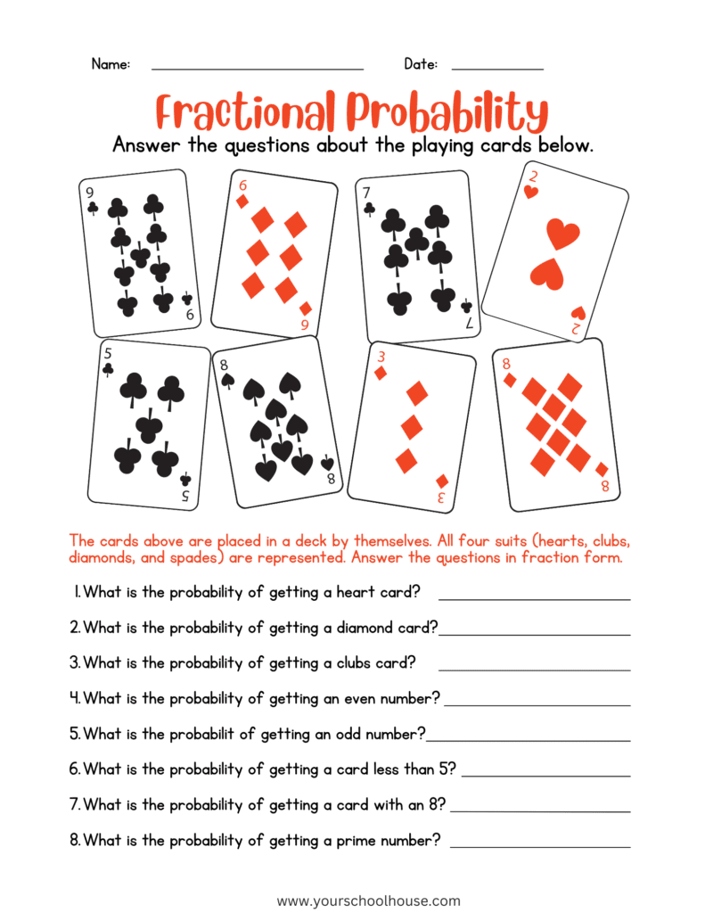 image of Free Printable PDF Fractional Probability with Playing Cards Math Worksheet