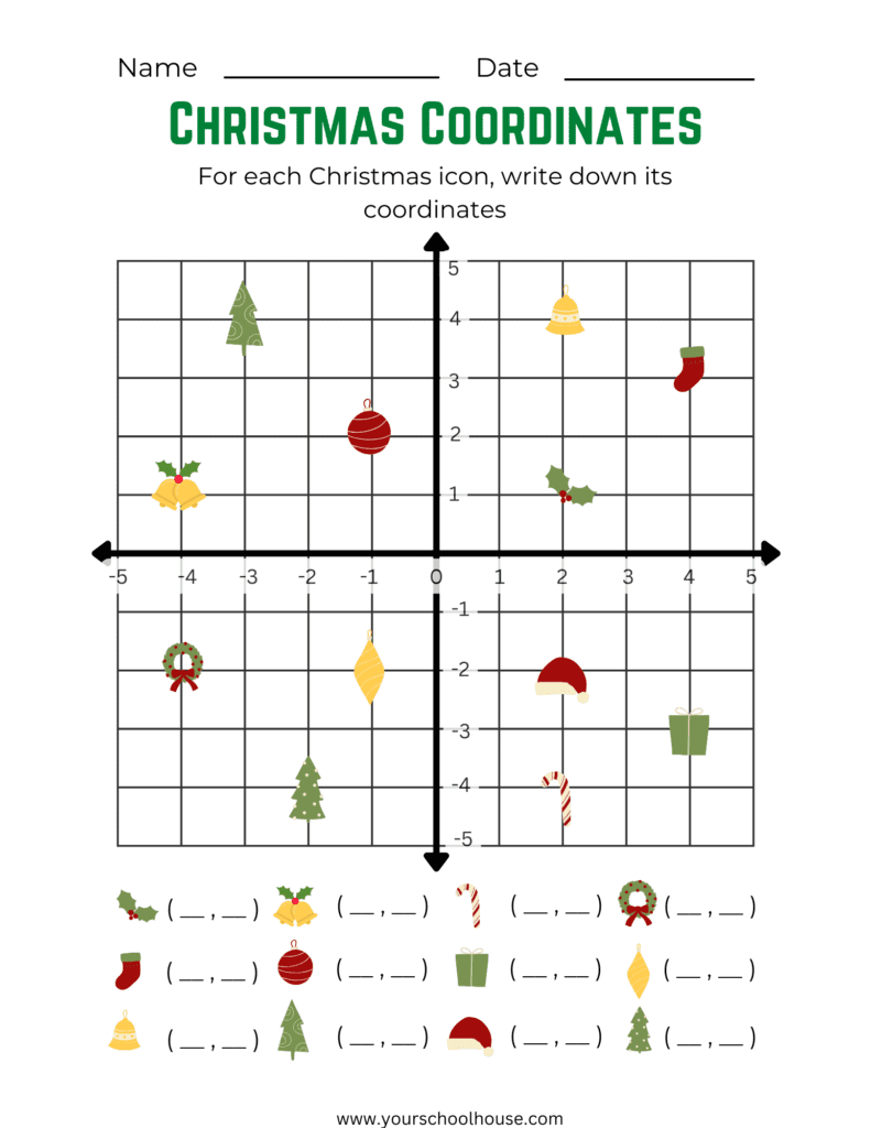 image of Free Printable Colorful PDF Worksheet Christmas Themed Coordinates