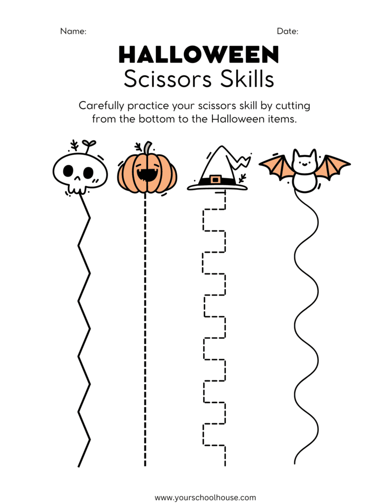 image of Free Printable PDF Worksheet Halloween Scissors Skills for Preschool