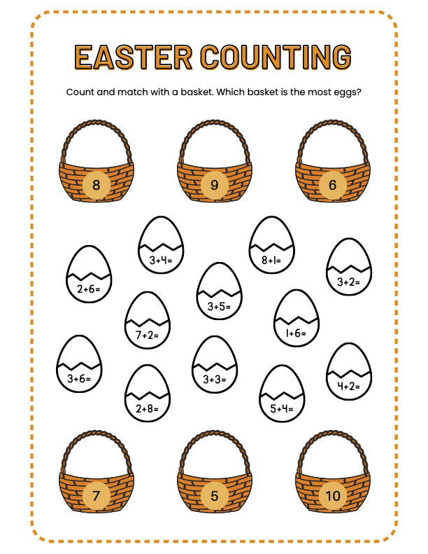 image of Free Printable PDF Brown Simple Easter Themed Addition Worksheet