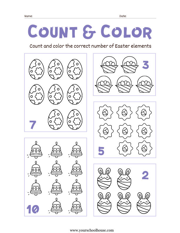 image of Free Printable PDF Count & Color Easter Worksheet Set