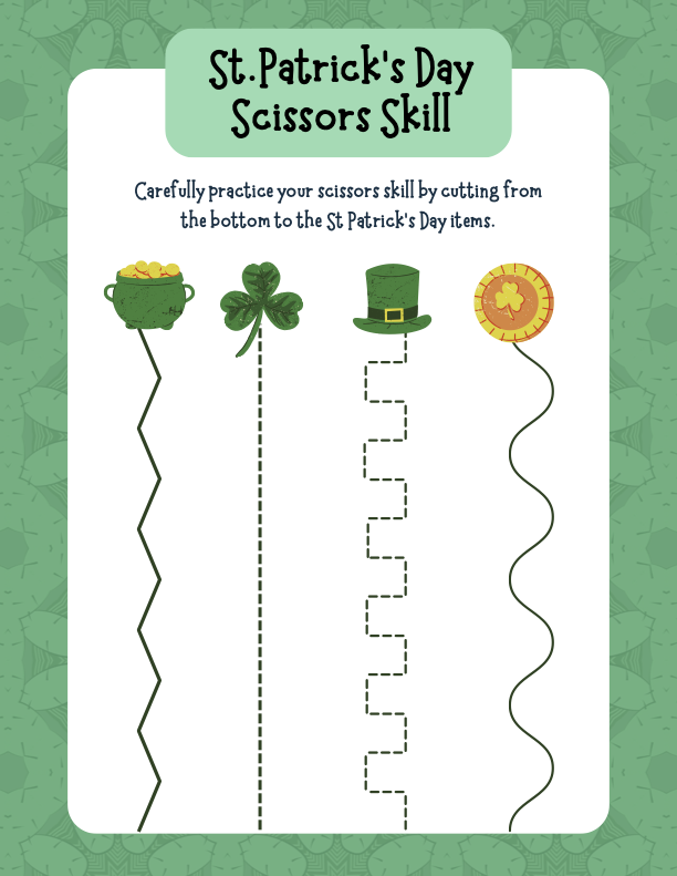 image of Free Printable PDF Worksheet Green Illustrative St. Patrick's Day Themed Scissor Skills for Preschool