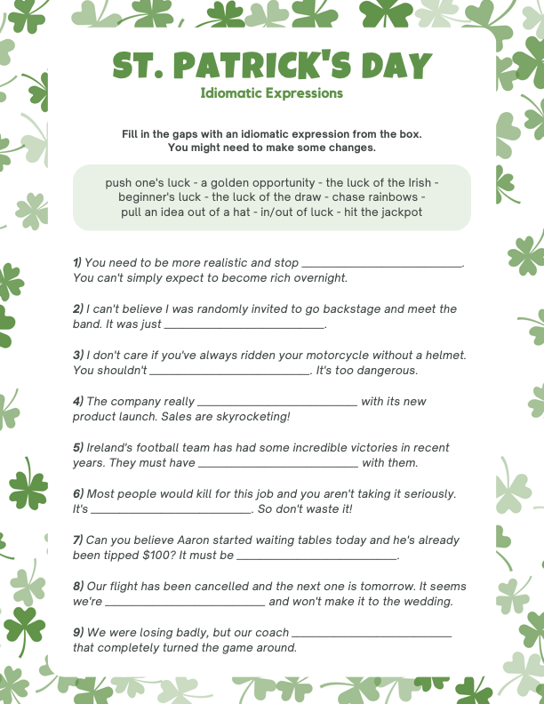 image of Free Printable Green Worksheet St Patrick's Day Themed Idioms