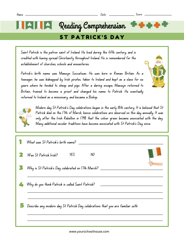 image of Free Printable PDF Worksheet St. Patrick's Day Themed Reading Comprehension