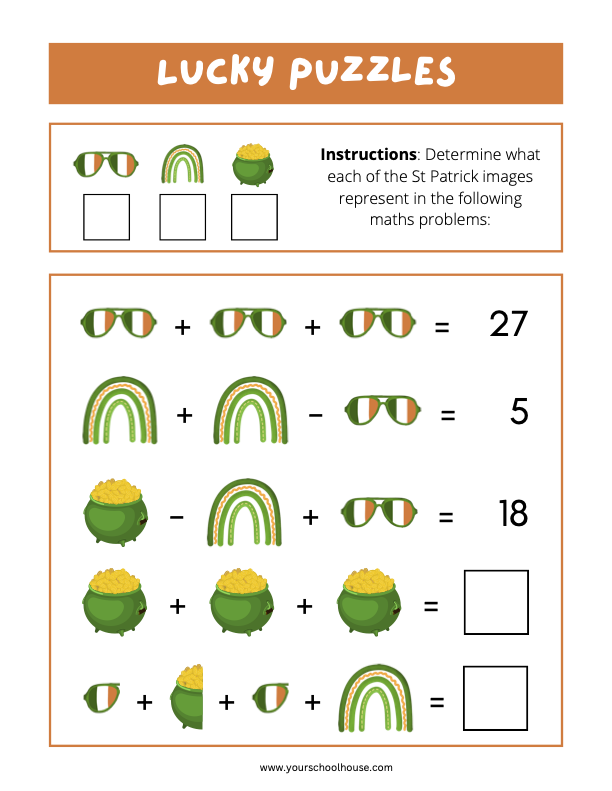 Image of Free Printable PDF Colorful Worksheet St Patrick's Day Math Puzzles Grade 4