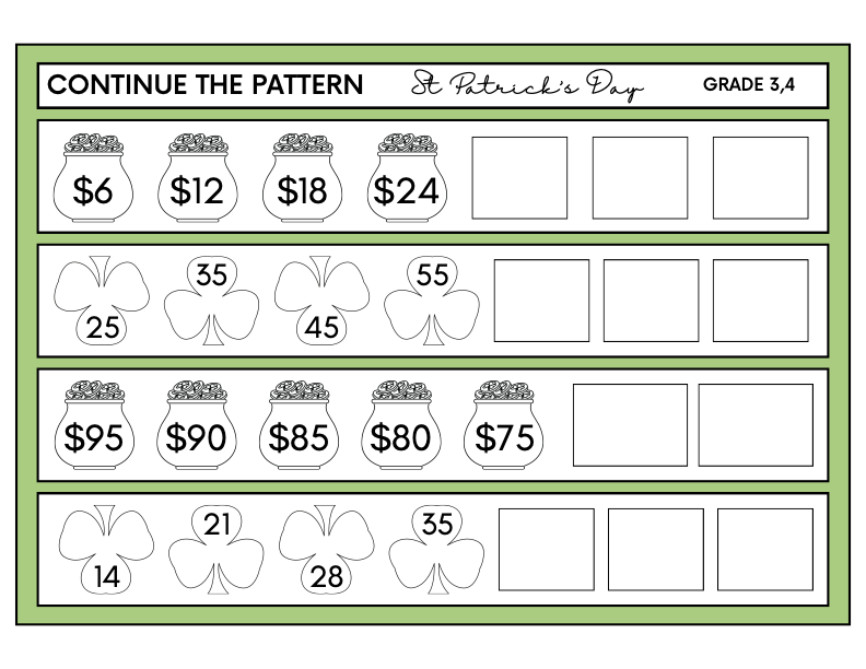 image of Free Printable PDF Worksheet St Patricks Number Patterns