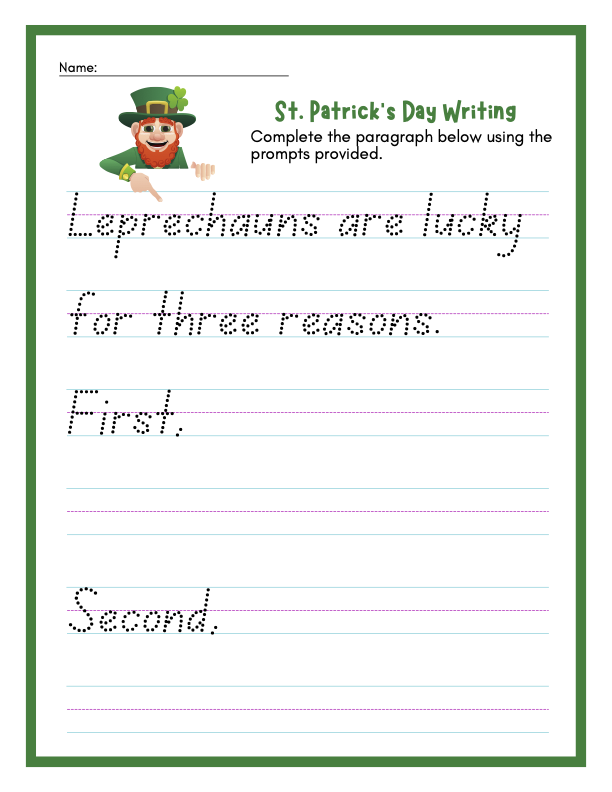 image of Free Printable Colorful PDF St. Patrick's Day Paragraph Starter Worksheet