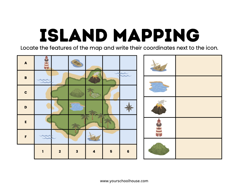 image of Free Printable PDF Island Mapping Finding the Coordinates Colorful Illustration