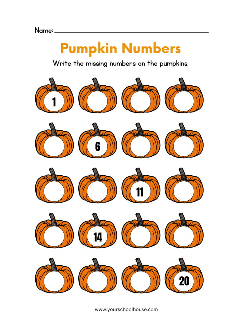 image of Free Printable PDF of Pumpkin Themed Fill in the Missing Numbers Worksheet