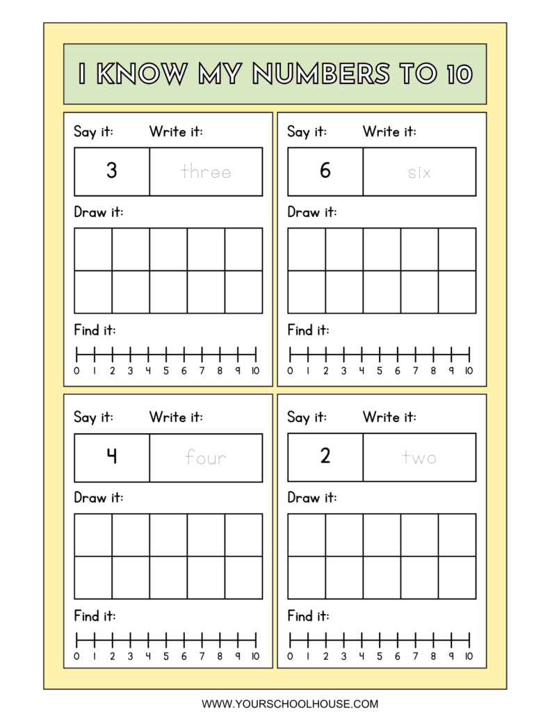 image of Free Printable PDF Numbers to 10 Worksheet in Yellow Bold Style