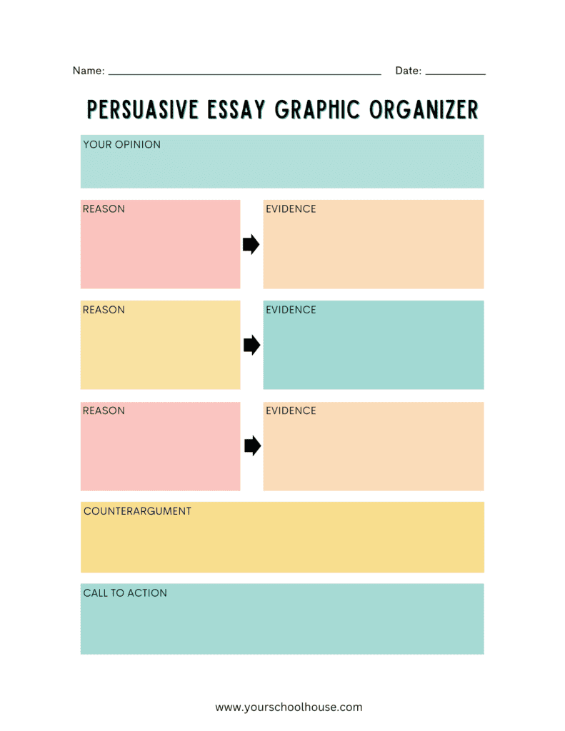 image of Free Printable PDF Persuasive Essay Graphic Organizer Worksheet in Bright Fun Style