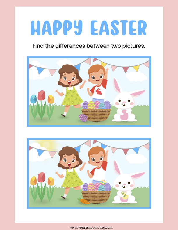 Image of Free Printable PDF Pink Blue Cute Happy Easter Find the Differences Worksheet