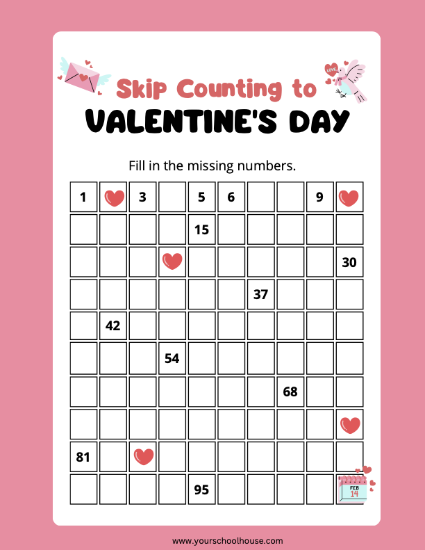 image of Free Printable PDF Worksheet Pink Cute Valentine's Day Skip Counting 1-100