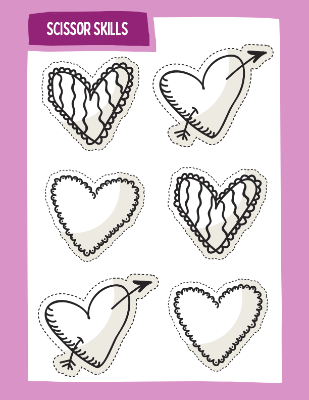 image of Free Printable PDF Worksheet Pink Fun Valentine's day Scissor Skills