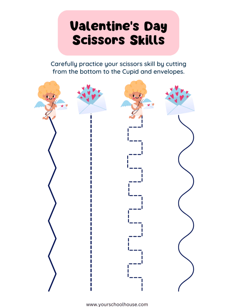 Image of Free Printable Pink and White PDF Worksheet Valentine's Scissor Skills