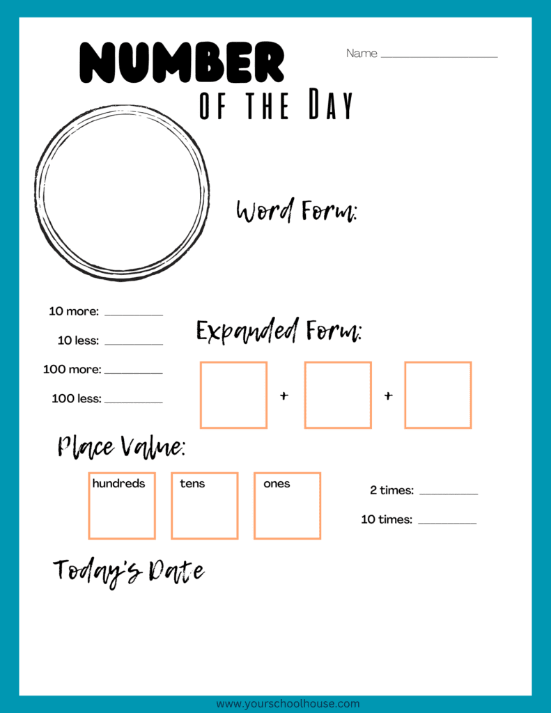 image of Free Colorful PDF Printable Number of the Day Warm-Up Worksheet