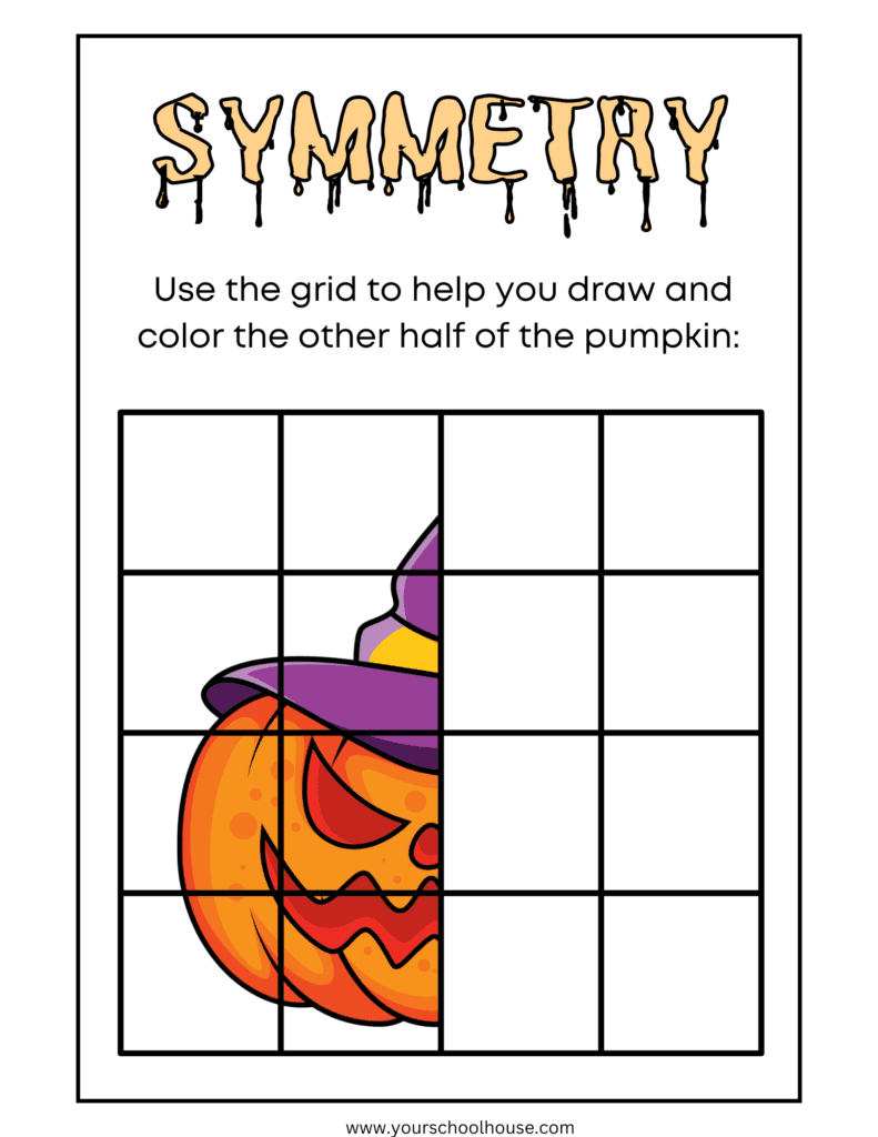 image of Free Printable PDF Colorful Halloween Symmetry Worksheet