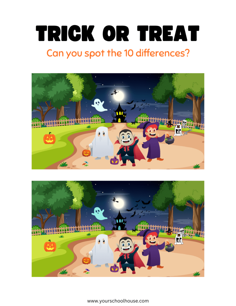 image of Free Download PDF Trick or Treat Themed Spot the Differences Colorful Worksheet