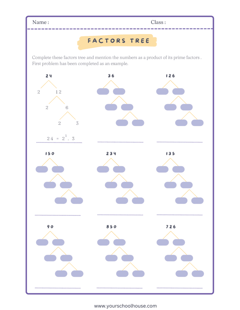 image of Free Printable Colorful PDF Worksheet Factor Tree