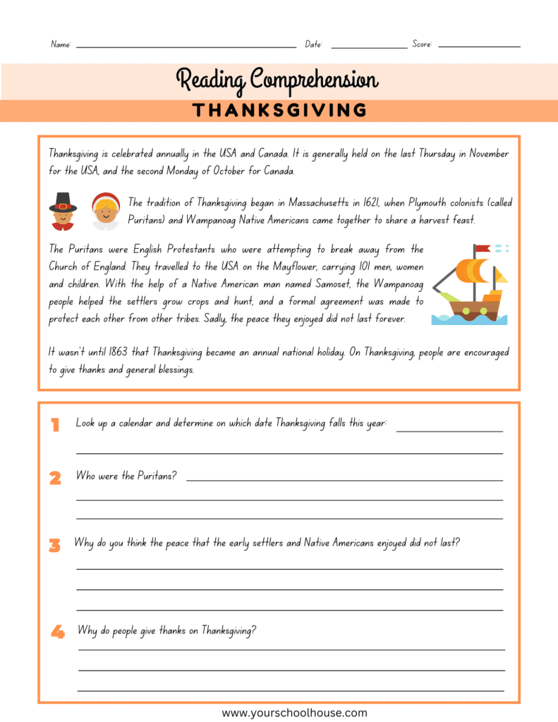 image of Free Printable PDF Worksheet Thanksgiving Themed Reading Comprehension