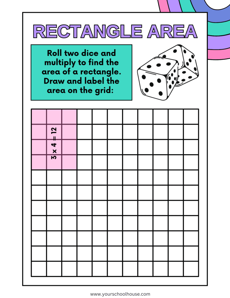 image of Free Printable PDF Rectangle Area Drawing Grid Mathematics Worksheet in Colorful Rainbow Grid Style