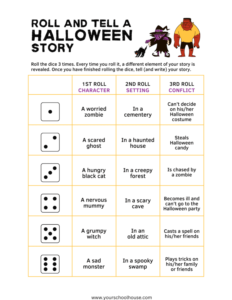 image of free printable pdf worksheet roll and tell halloween story