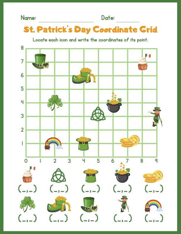 image of Free Printable PDF Worksheet St. Patrick's Day Coordinate Grid