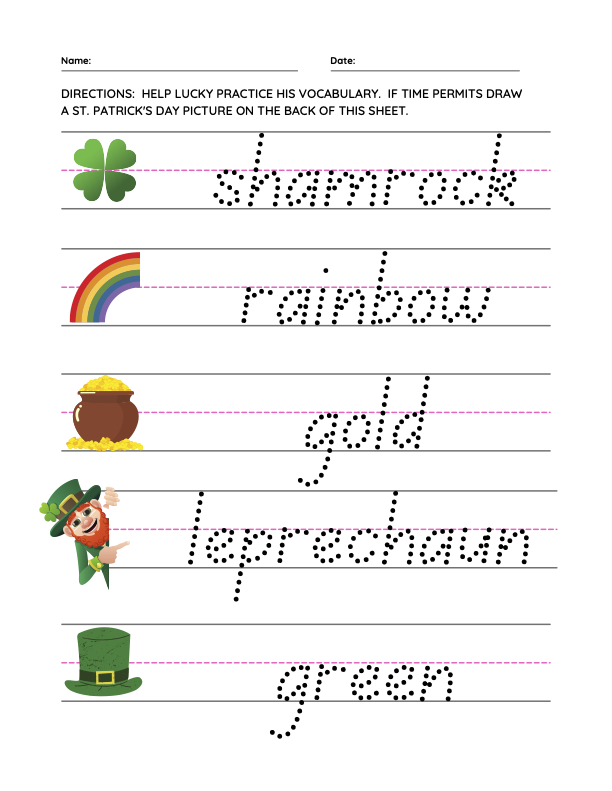 Image of Free Printable Colorful PDF St. Patrick's Day Printing Worksheet