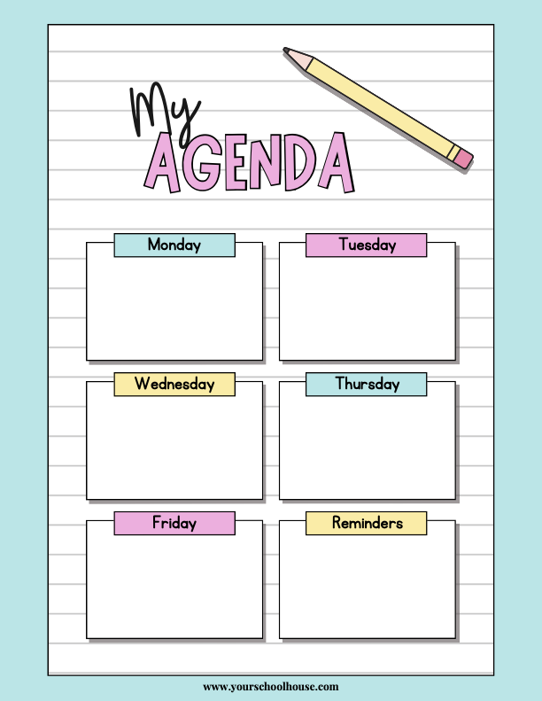 image of Free Printable PDF Student Agenda Organizer Worksheet in Yellow Blue and Pink Colorful Pastel Cute Style