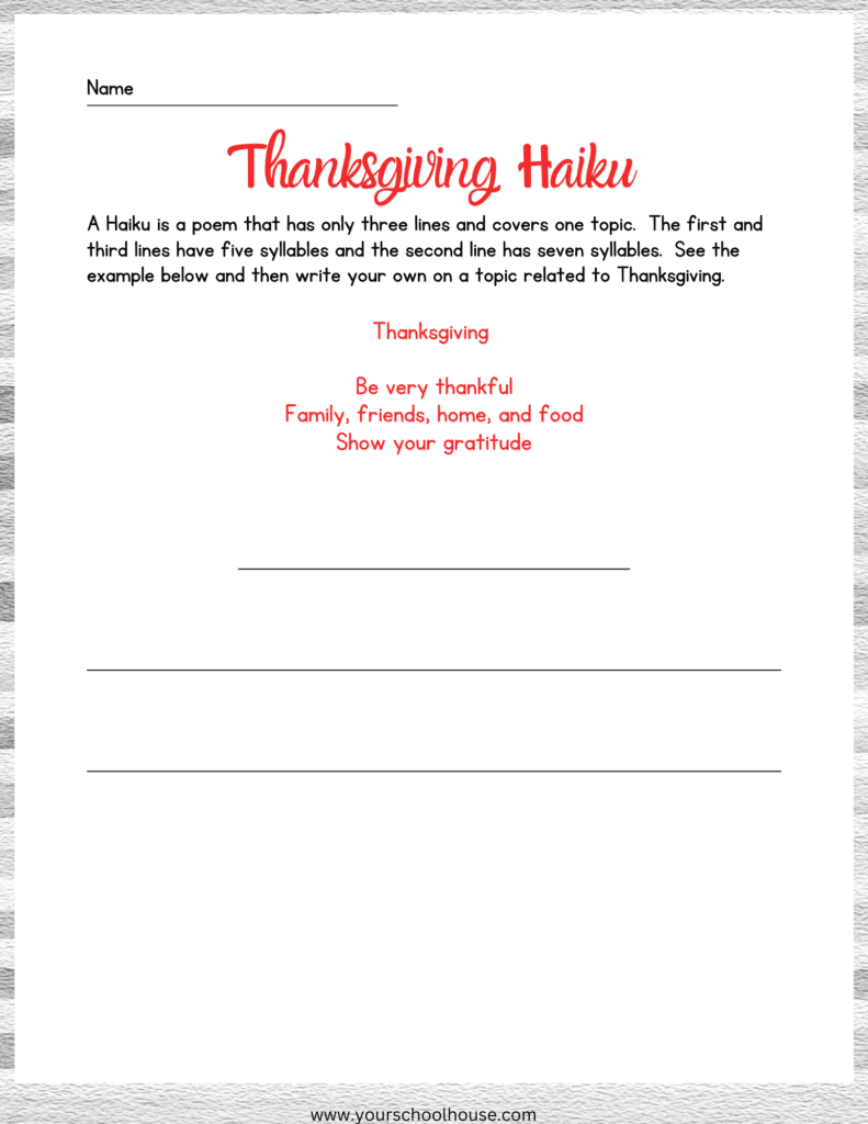 Image of Thanksgiving Haiku template with example and instructions