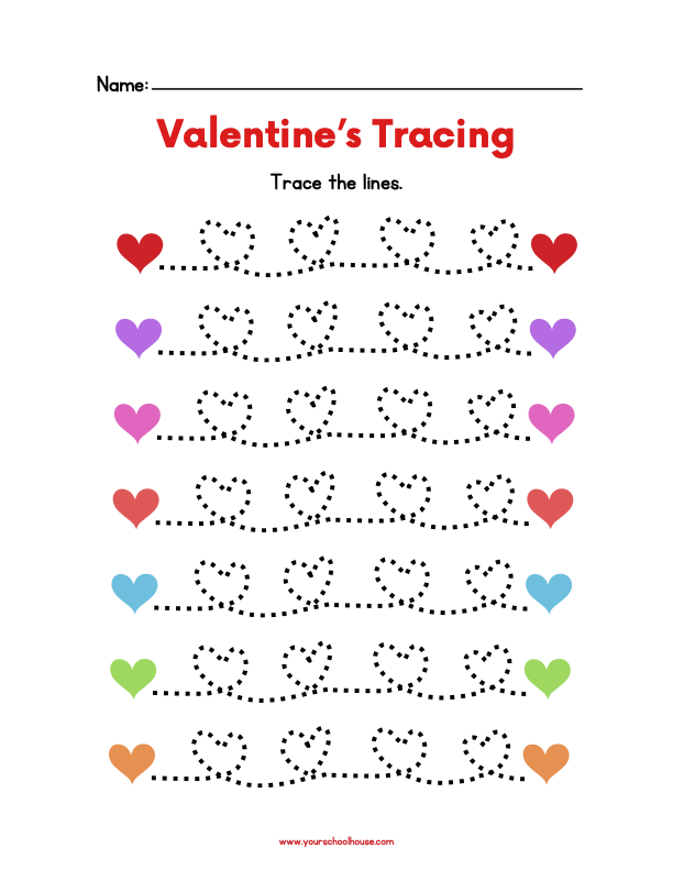 Image Free Printable PDF Worksheet Valentine's Day Tracing for Preschool