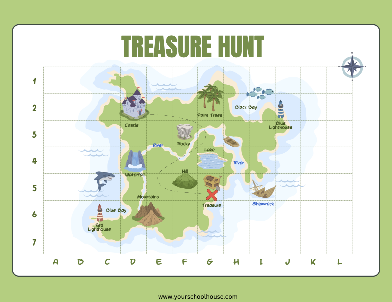 image of Free Printable PDF Treasure Hunt Fun Math Worksheet Using Coordinates Illustration