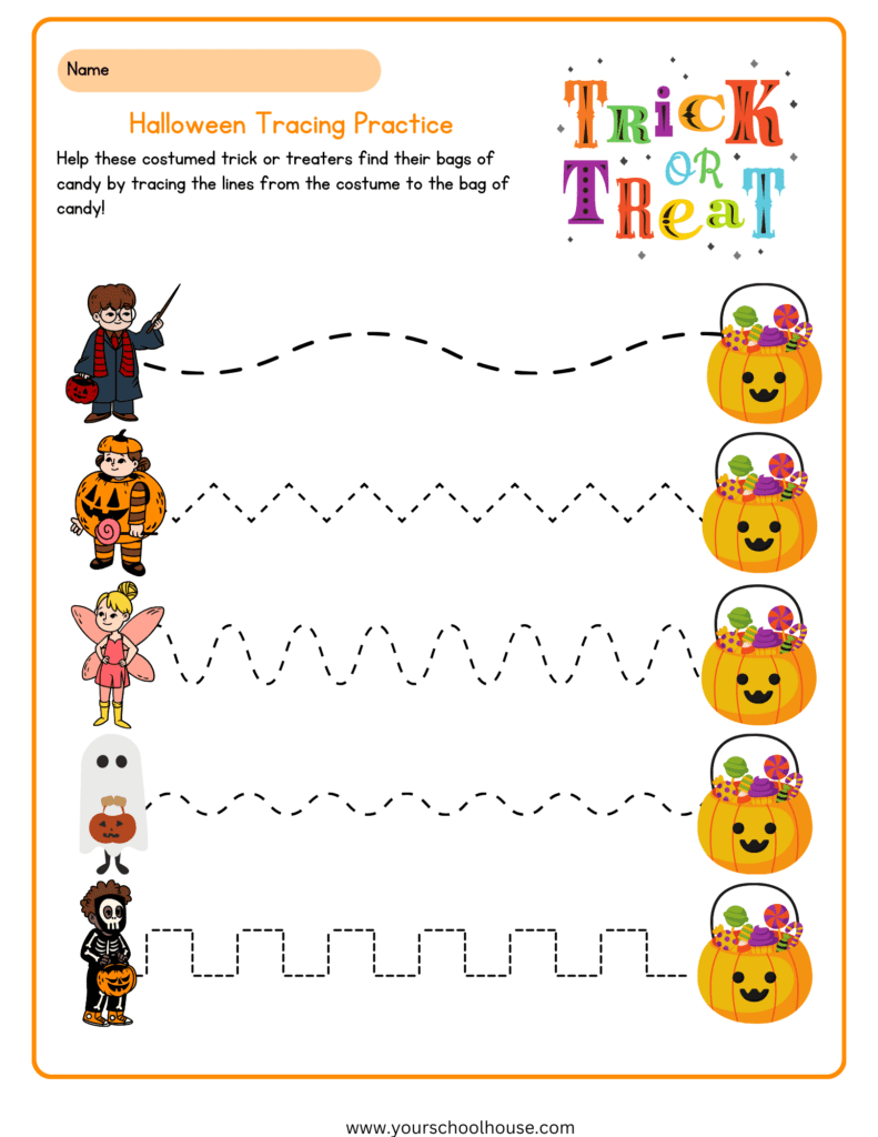 image of Free Printable Colorful Halloween Tracing Practice for Preschool