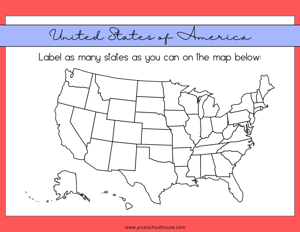 Image of Free Printable PDF Worksheet Fill in the 50 States on the Map